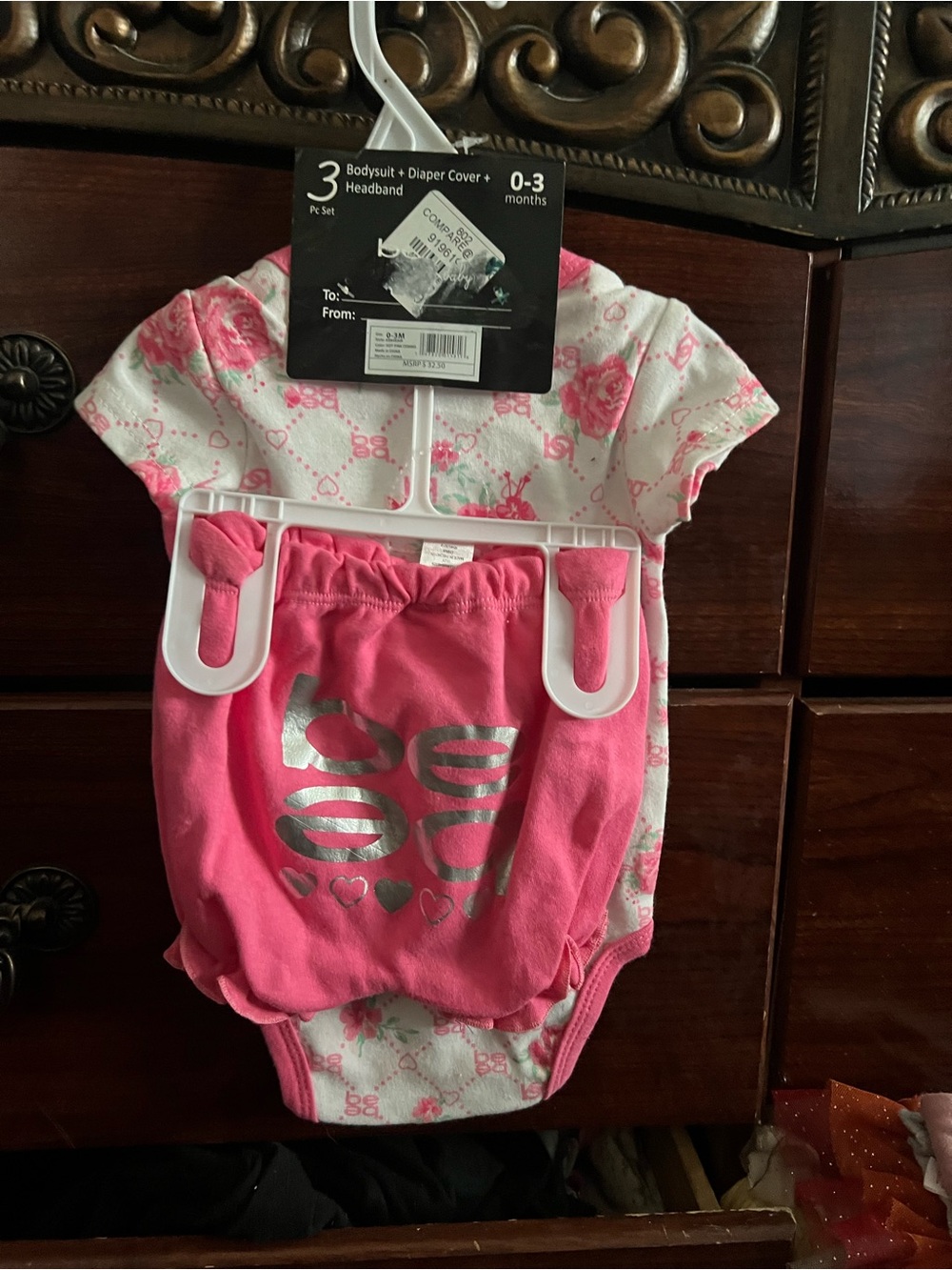 bebe Pink and White Baby Girls 3-Piece Bodysuit Set with Headband